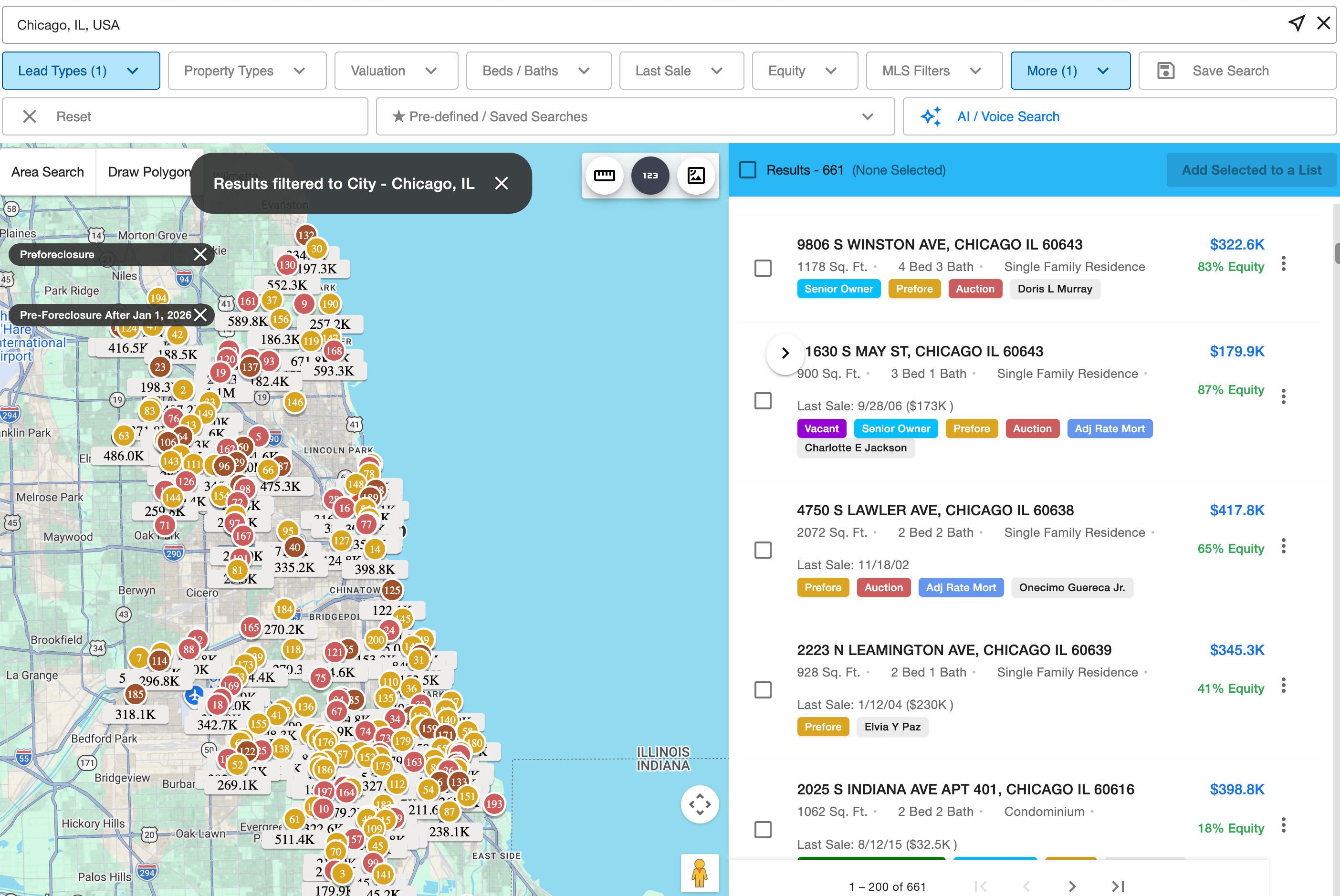 DealDriven property map showing Chicago properties with equity data, filters, and owner details